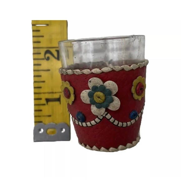 Folk Art Handmade Leather Covered Glass Flask Canteen + Jigger Glass Vintage - Picture 2 of 7